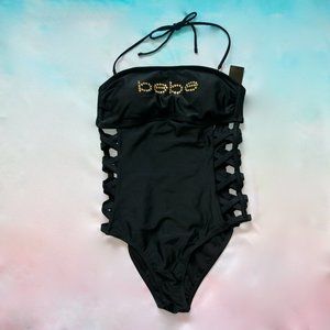 NWT BEBE Black 1 Piece Cross Side Bikini Swimsuit